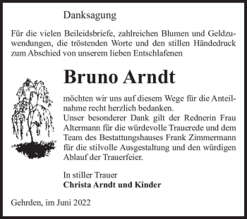 Traueranzeige von Bruno Arndt  von Magdeburger Volksstimme