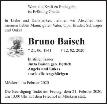 Traueranzeige von Bruno Baisch  von Magdeburger Volksstimme