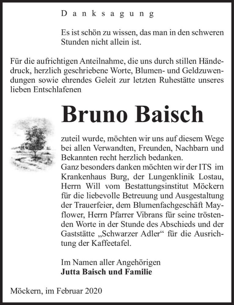  Traueranzeige für Bruno Baisch  vom 29.02.2020 aus Magdeburger Volksstimme