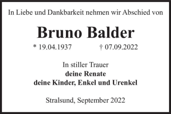 Traueranzeige von Bruno Balder  von Magdeburger Volksstimme
