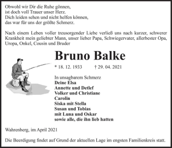 Traueranzeige von Bruno Balke  von Magdeburger Volksstimme