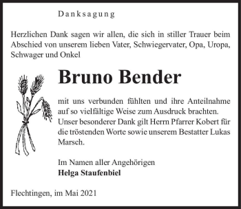 Traueranzeige von Bruno Bender  von Magdeburger Volksstimme