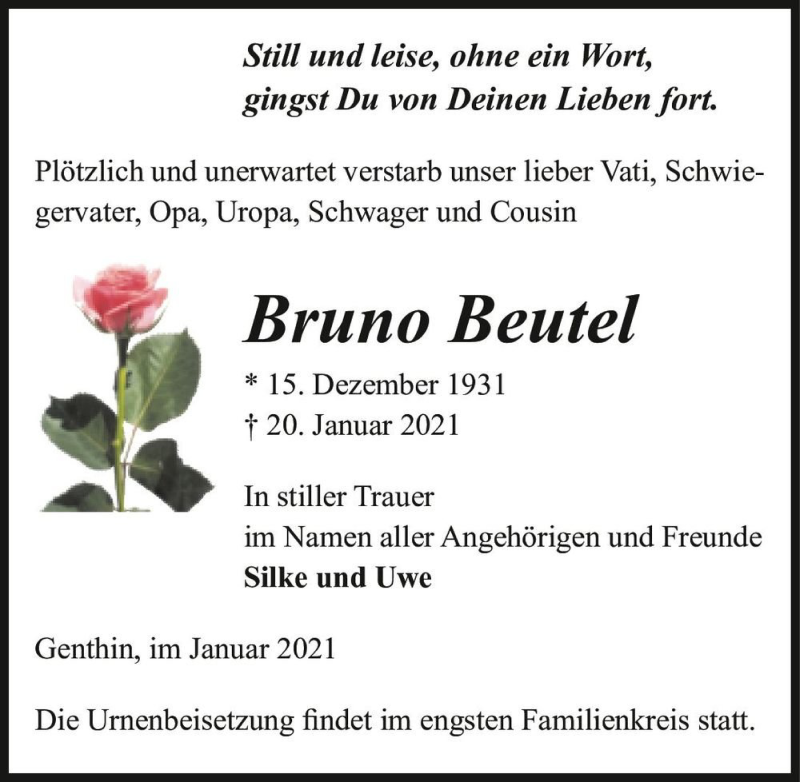  Traueranzeige für Bruno Beutel  vom 30.01.2021 aus Magdeburger Volksstimme