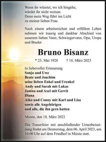Traueranzeige von Bruno Bisanz  von Magdeburger Volksstimme