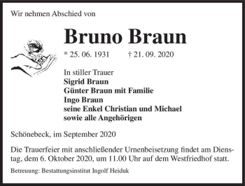 Traueranzeige von Bruno Braun  von Magdeburger Volksstimme