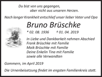 Traueranzeige von Bruno Brüschke  von Magdeburger Volksstimme