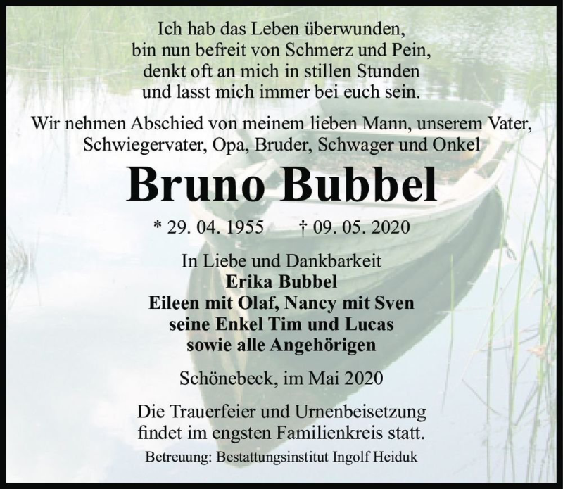  Traueranzeige für Bruno Bubbel  vom 16.05.2020 aus Magdeburger Volksstimme