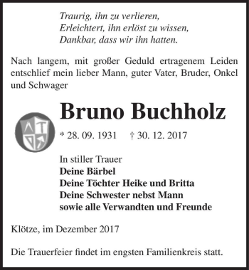 Traueranzeige von Bruno Buchholz  von Magdeburger Volksstimme