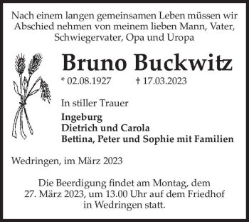 Traueranzeige von Bruno Buckwitz  von Magdeburger Volksstimme