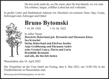 Traueranzeige von Bruno Bytomski  von Magdeburger Volksstimme