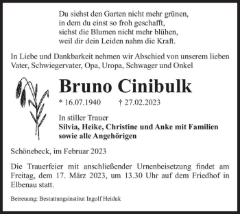 Traueranzeige von Bruno Cinibulk  von Magdeburger Volksstimme