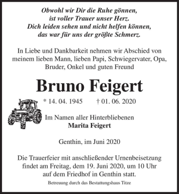 Traueranzeige von Bruno Feigert  von Magdeburger Volksstimme