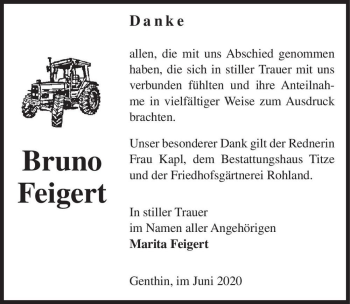 Traueranzeige von Bruno Feigert  von Magdeburger Volksstimme