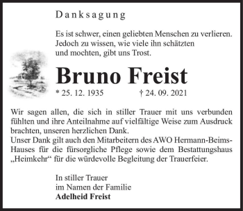 Traueranzeige von Bruno Freist  von Magdeburger Volksstimme
