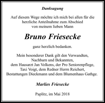 Traueranzeige von Bruno Friesecke  von Magdeburger Volksstimme