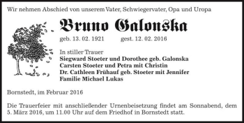 Traueranzeige von Bruno Galonska  von Magdeburger Volksstimme