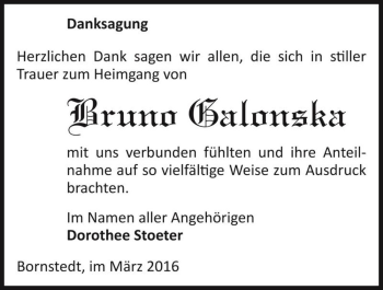 Traueranzeige von Bruno Galonska  von Magdeburger Volksstimme
