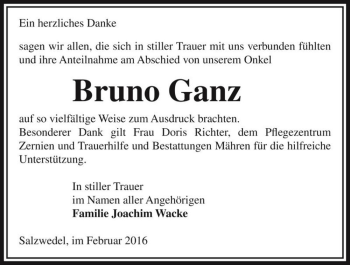 Traueranzeige von Bruno Ganz  von Magdeburger Volksstimme