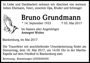 Traueranzeige von Bruno Grundmann  von Magdeburger Volksstimme