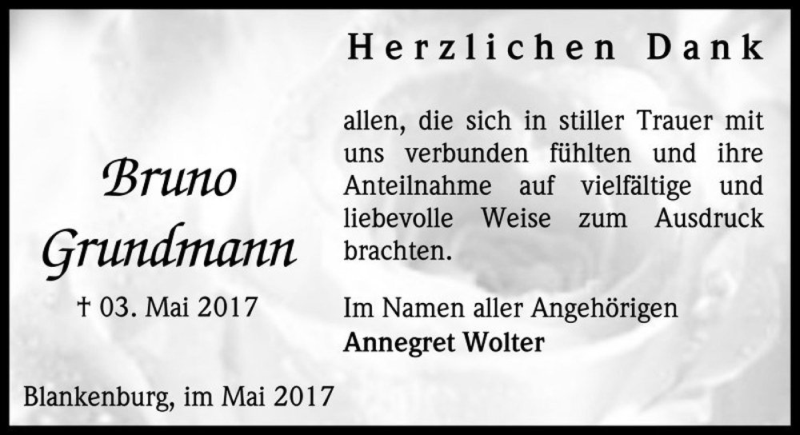  Traueranzeige für Bruno Grundmann  vom 03.06.2017 aus Magdeburger Volksstimme