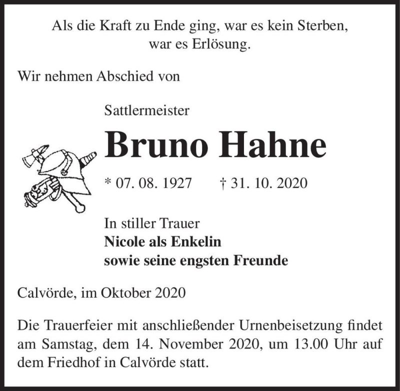  Traueranzeige für Bruno Hahne  vom 04.11.2020 aus Magdeburger Volksstimme