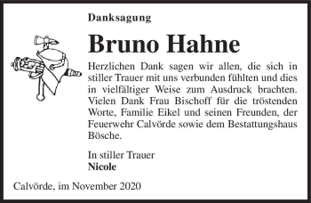 Traueranzeige von Bruno Hahne  von Magdeburger Volksstimme