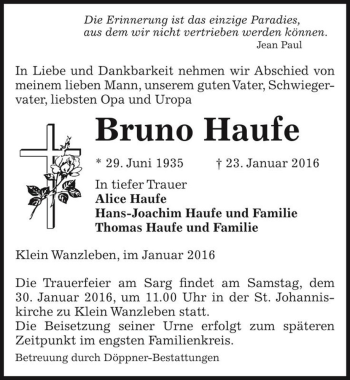 Traueranzeige von Bruno Haufe  von Magdeburger Volksstimme