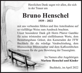 Traueranzeige von Bruno Henschel  von Magdeburger Volksstimme