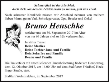 Traueranzeige von Bruno Henschke  von Magdeburger Volksstimme