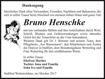 Traueranzeige von Bruno Henschke  von Magdeburger Volksstimme