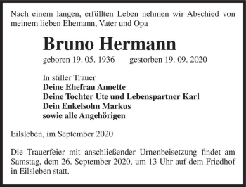Traueranzeige von Bruno Hermann  von Magdeburger Volksstimme
