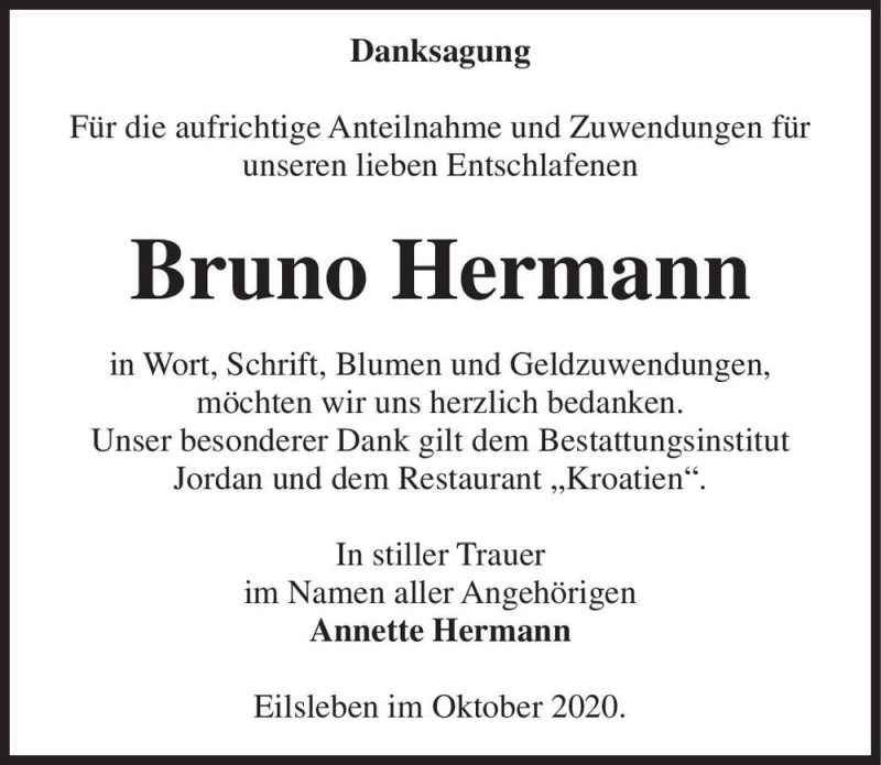  Traueranzeige für Bruno Hermann  vom 07.10.2020 aus Magdeburger Volksstimme