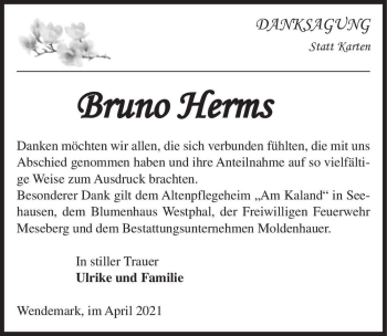 Traueranzeige von Bruno Herms  von Magdeburger Volksstimme