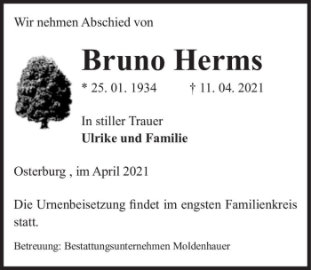 Traueranzeige von Bruno Herms  von Magdeburger Volksstimme