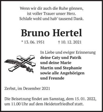 Traueranzeige von Bruno Hertel  von Magdeburger Volksstimme