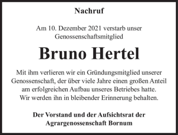 Traueranzeige von Bruno Hertel  von Magdeburger Volksstimme