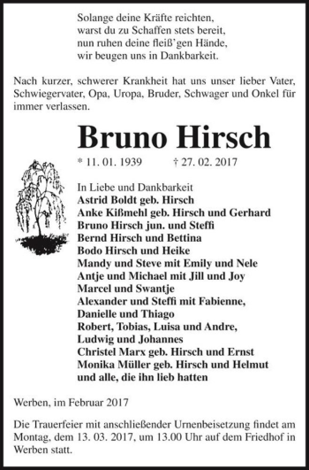 Traueranzeige von Bruno Hirsch  von Magdeburger Volksstimme