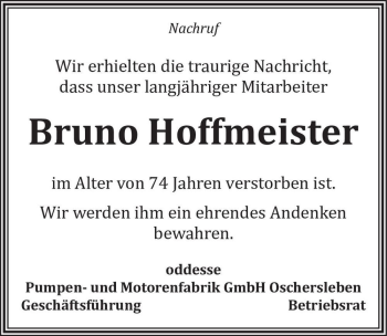 Traueranzeige von Bruno Hoffmeister  von Magdeburger Volksstimme