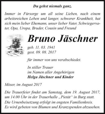 Traueranzeige von Bruno Jäschner  von Magdeburger Volksstimme