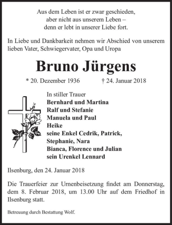 Traueranzeige von Bruno Jürgens  von Magdeburger Volksstimme