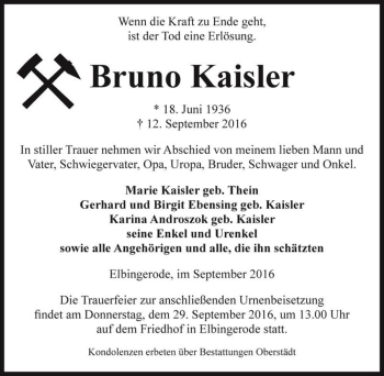 Traueranzeige von Bruno Kaisler  von Magdeburger Volksstimme