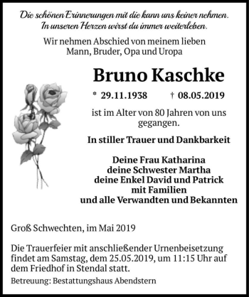 Traueranzeige von Bruno Kaschke  von Magdeburger Volksstimme