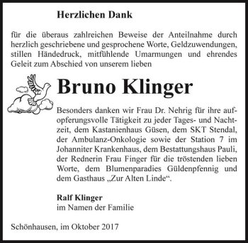 Traueranzeige von Bruno Klinger  von Magdeburger Volksstimme