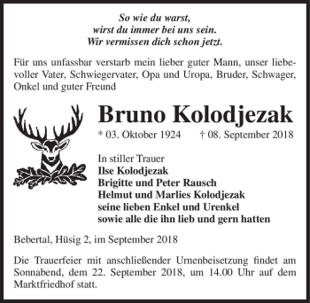 Traueranzeige von Bruno Kolodjezak  von Magdeburger Volksstimme