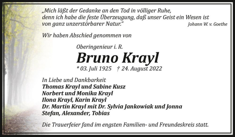  Traueranzeige für Bruno Krayl  vom 15.10.2022 aus Magdeburger Volksstimme