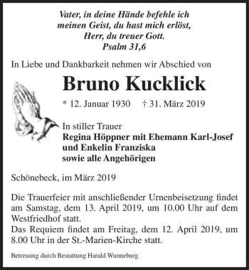 Traueranzeige von Bruno Kucklick  von Magdeburger Volksstimme