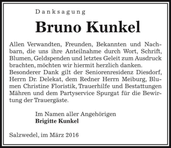 Traueranzeige von Bruno Kunkel  von Magdeburger Volksstimme