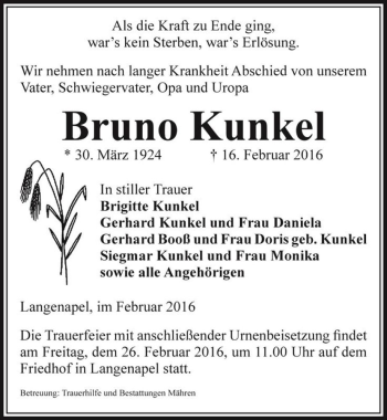 Traueranzeige von Bruno Kunkel  von Magdeburger Volksstimme