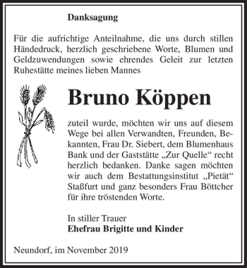 Traueranzeige von Bruno Köppen  von Magdeburger Volksstimme