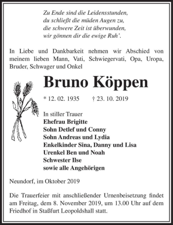 Traueranzeige von Bruno Köppen  von Magdeburger Volksstimme